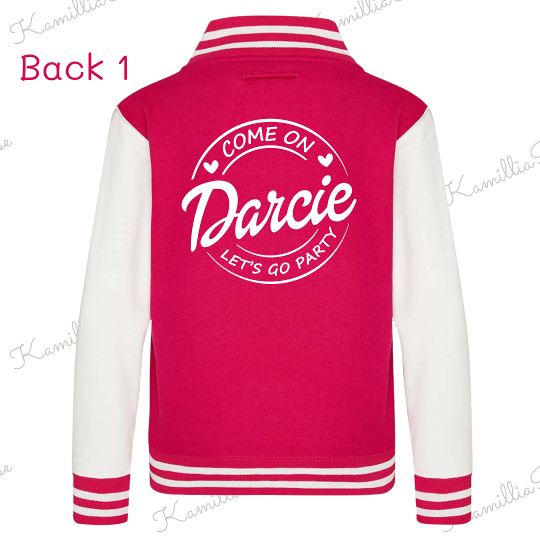 Kids Personalised Barbie Themed Varsity Jacket - Bright Pink, Children, Matching, Fashion, Popular, Birthday, Christmas, Gift, Fashion, Ken