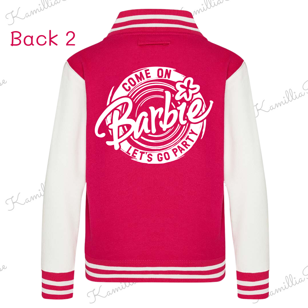 Kids Personalised Barbie Themed Varsity Jacket - Bright Pink, Children, Matching, Fashion, Popular, Birthday, Christmas, Gift, Fashion, Ken