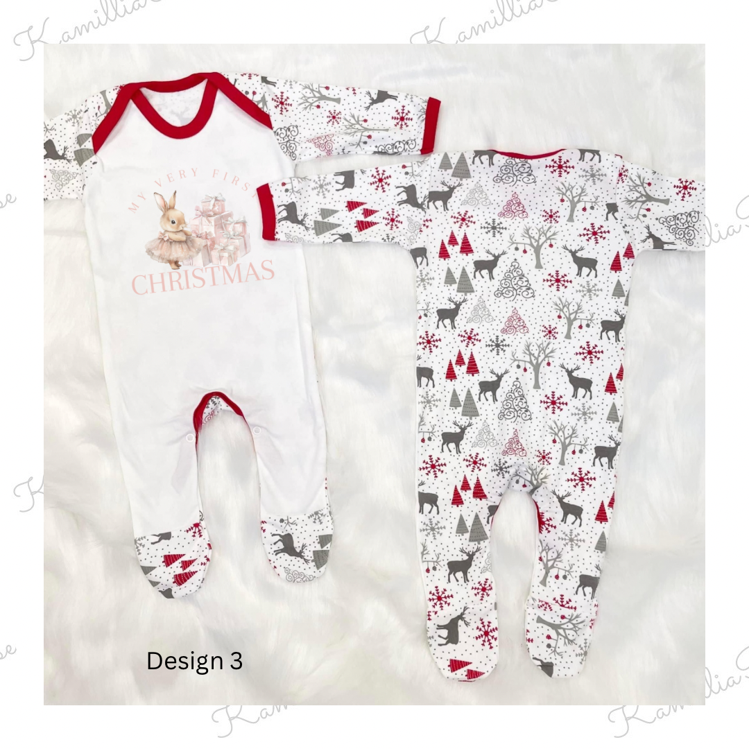 Personalised Grey & Red Reindeer Print - First Christmas Pyjamas, Children, New Baby, Christmas 2024, 1st Christmas, Special, Keepsake