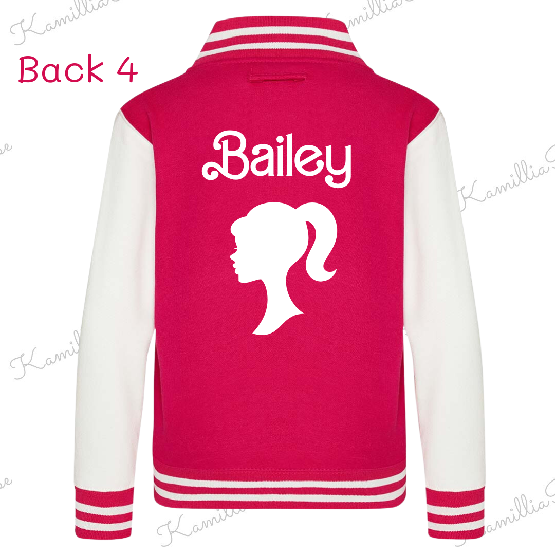 Kids Personalised Barbie Themed Varsity Jacket - Bright Pink, Children, Matching, Fashion, Popular, Birthday, Christmas, Gift, Fashion, Ken