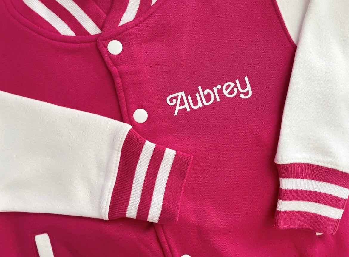 Kids Personalised Barbie Themed Varsity Jacket - Bright Pink, Children, Matching, Fashion, Popular, Birthday, Christmas, Gift, Fashion, Ken