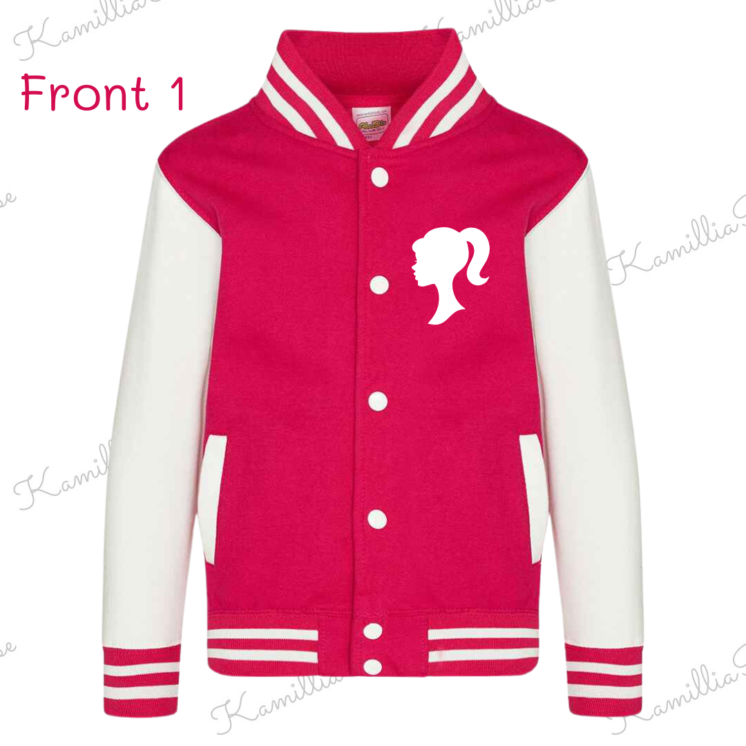 Kids Personalised Barbie Themed Varsity Jacket - Bright Pink, Children, Matching, Fashion, Popular, Birthday, Christmas, Gift, Fashion, Ken