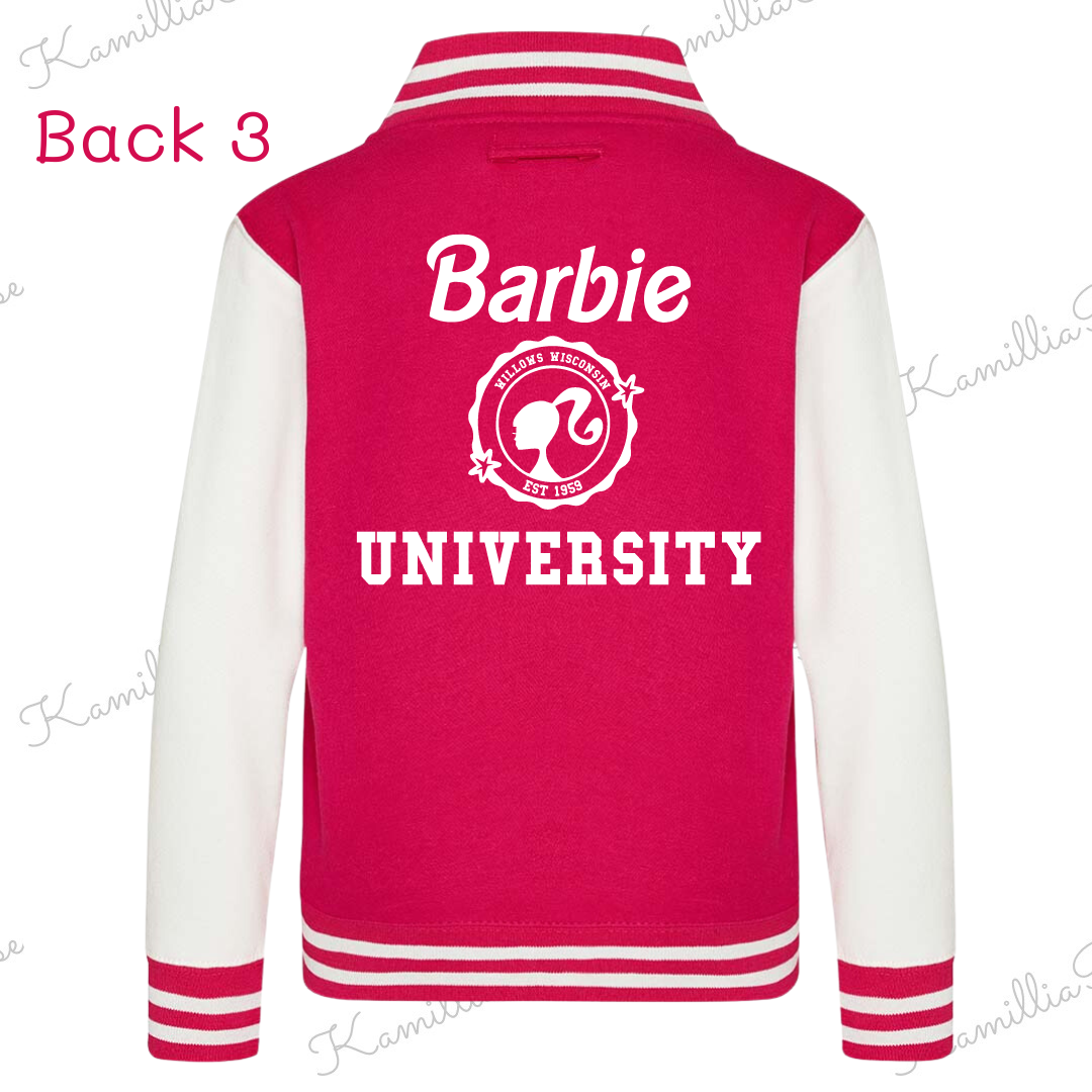 Kids Personalised Barbie Themed Varsity Jacket - Bright Pink, Children, Matching, Fashion, Popular, Birthday, Christmas, Gift, Fashion, Ken