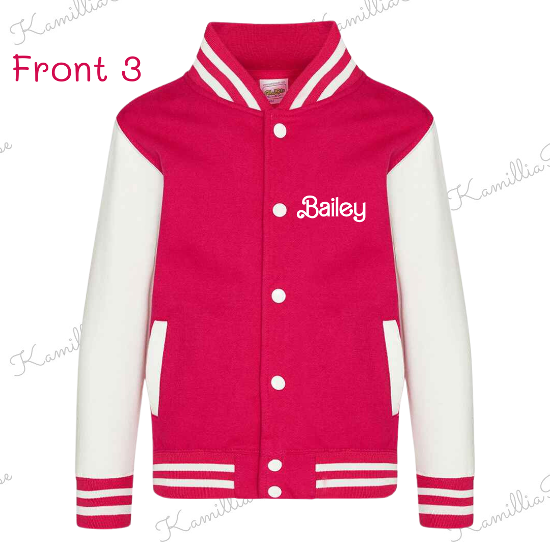 Kids Personalised Barbie Themed Varsity Jacket - Bright Pink, Children, Matching, Fashion, Popular, Birthday, Christmas, Gift, Fashion, Ken