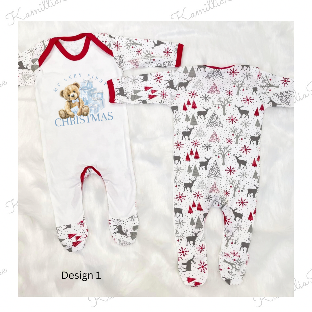 Personalised Grey & Red Reindeer Print - First Christmas Pyjamas, Children, New Baby, Christmas 2024, 1st Christmas, Special, Keepsake