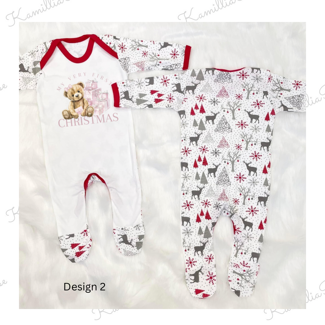 Personalised Grey & Red Reindeer Print - First Christmas Pyjamas, Children, New Baby, Christmas 2024, 1st Christmas, Special, Keepsake