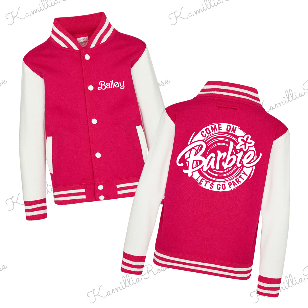 Kids Personalised Barbie Themed Varsity Jacket - Bright Pink, Children, Matching, Fashion, Popular, Birthday, Christmas, Gift, Fashion, Ken