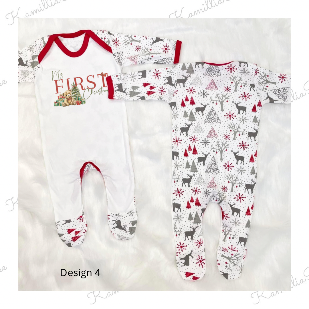 Personalised Grey & Red Reindeer Print - First Christmas Pyjamas, Children, New Baby, Christmas 2024, 1st Christmas, Special, Keepsake