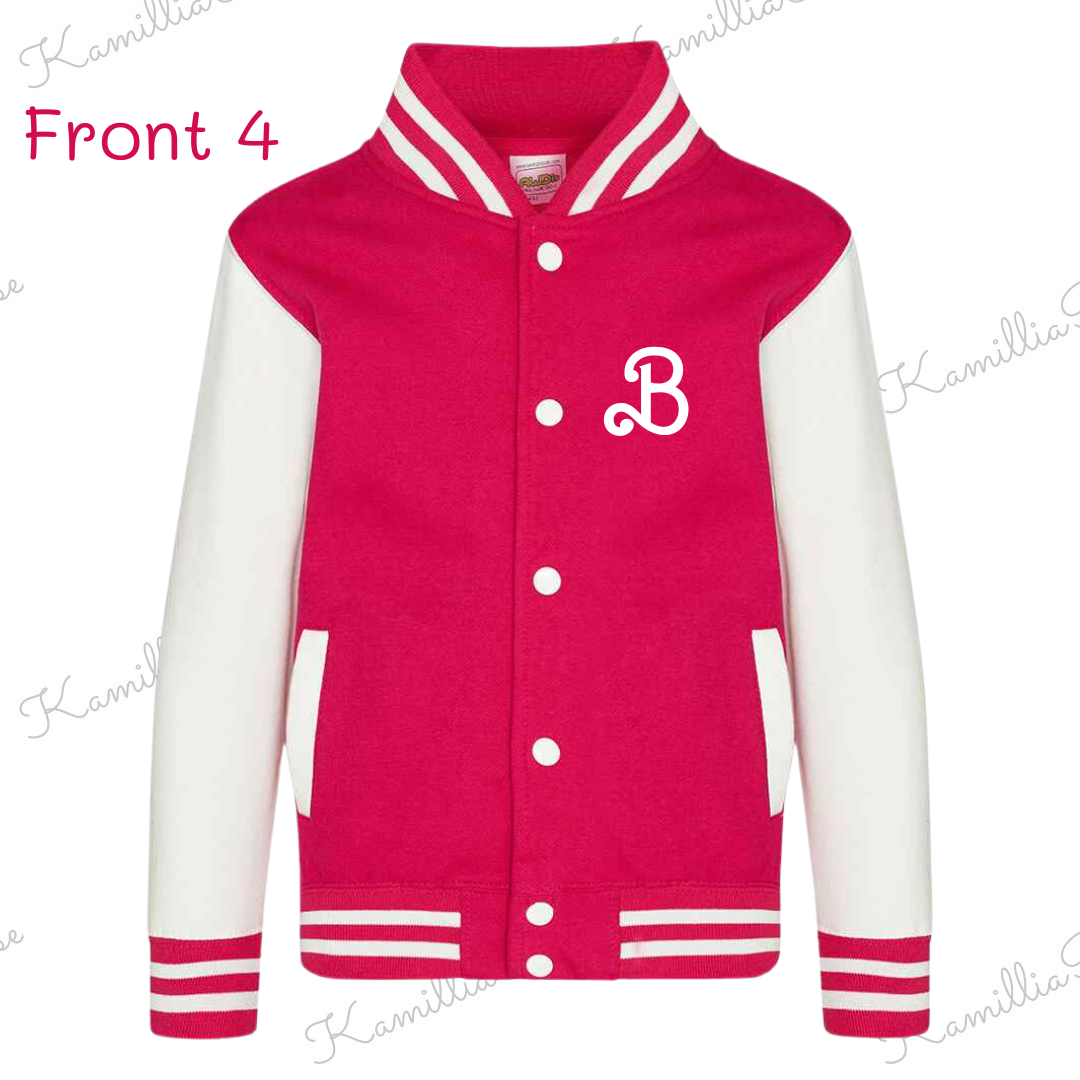 Kids Personalised Barbie Themed Varsity Jacket - Bright Pink, Children, Matching, Fashion, Popular, Birthday, Christmas, Gift, Fashion, Ken