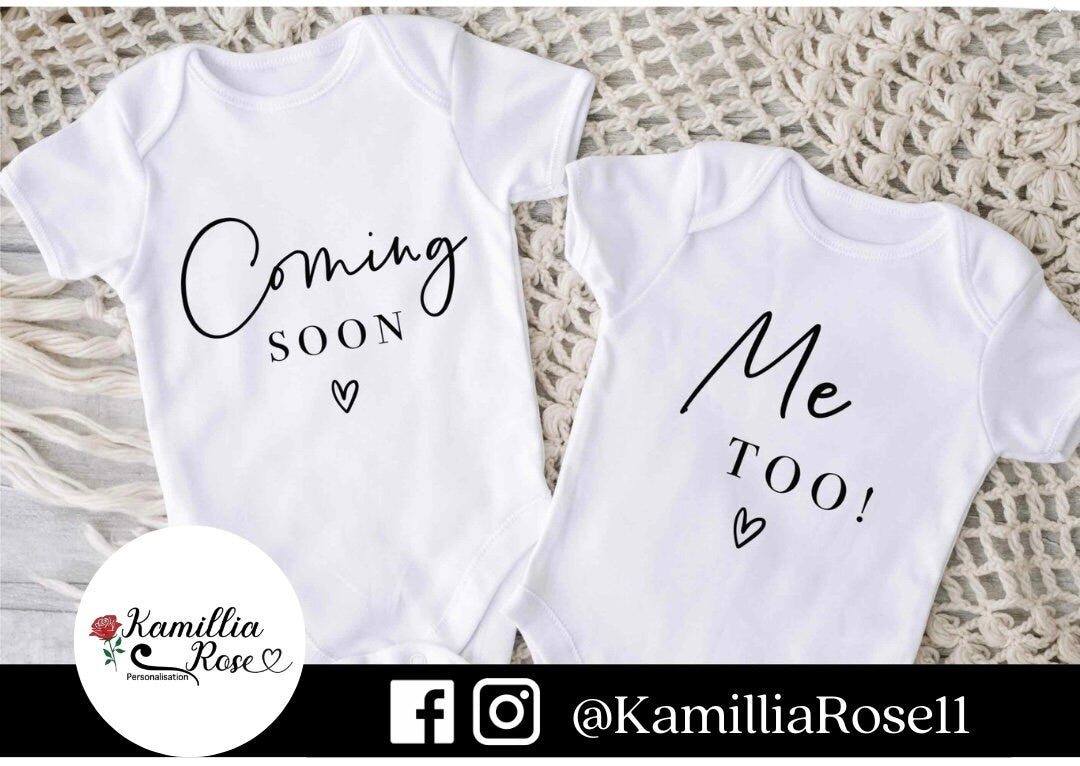 Coming soon, me too! - Twins Baby Vests, Unisex, Personalised Vests, Keepsake, Special, Baby Announcement