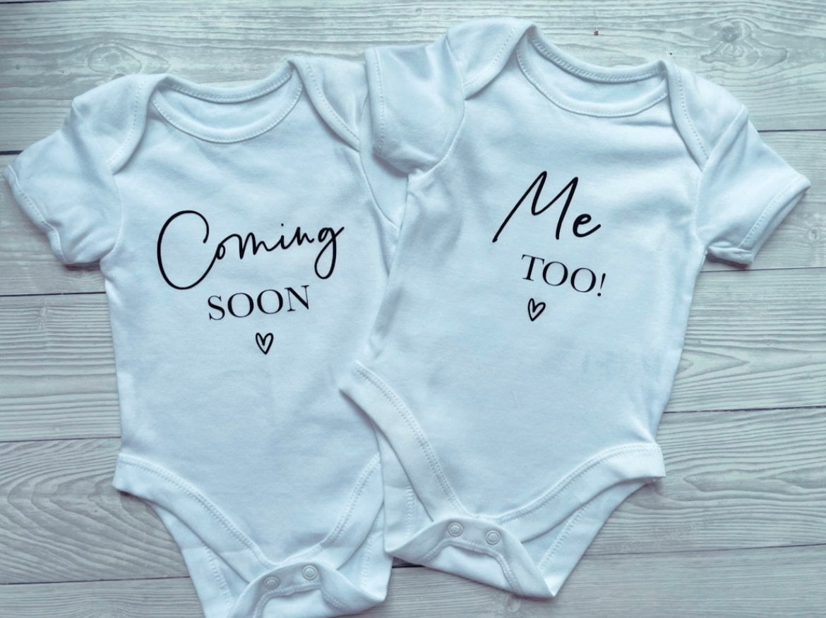 Coming soon, me too! - Twins Baby Vests, Unisex, Personalised Vests, Keepsake, Special, Baby Announcement