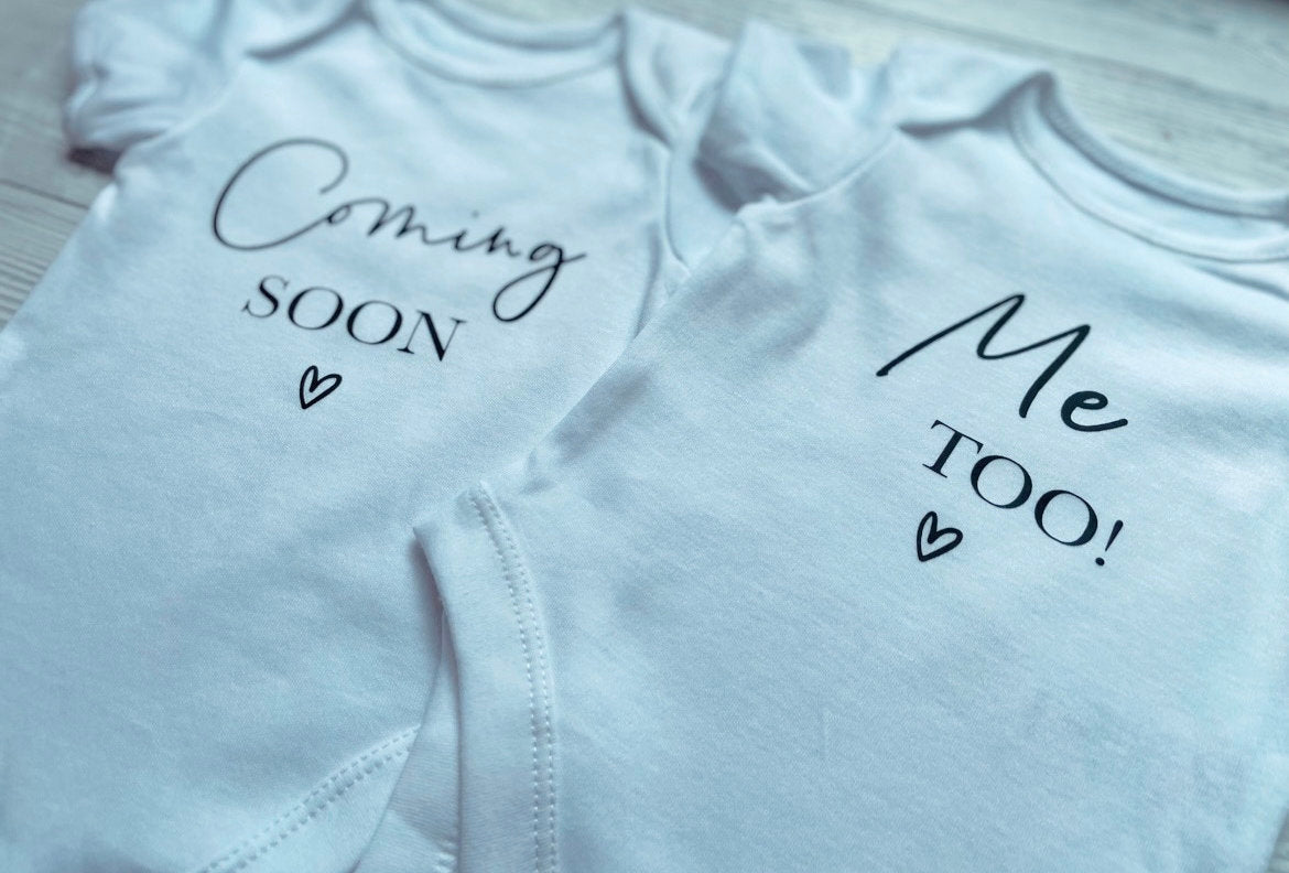 Coming soon, me too! - Twins Baby Vests, Unisex, Personalised Vests, Keepsake, Special, Baby Announcement