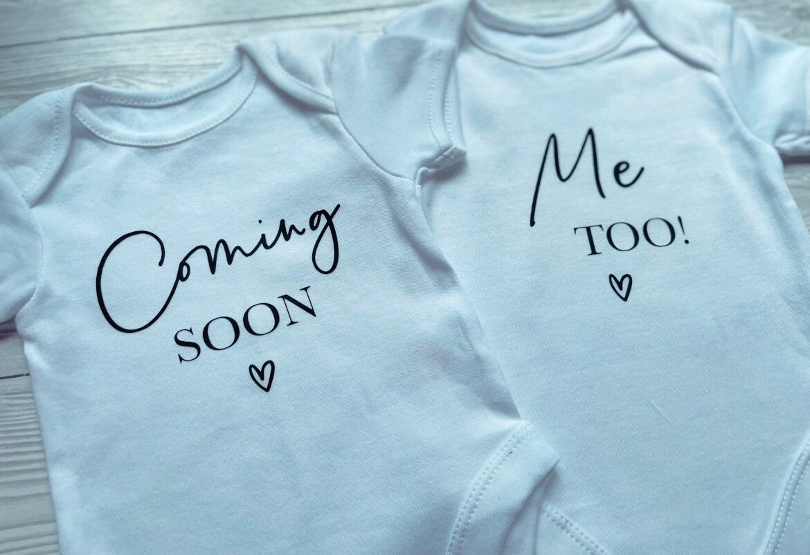 Coming soon, me too! - Twins Baby Vests, Unisex, Personalised Vests, Keepsake, Special, Baby Announcement