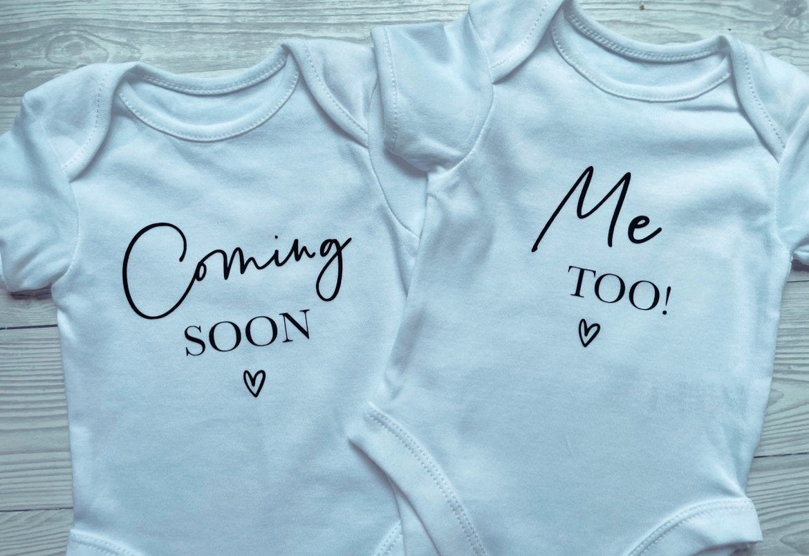 Coming soon, me too! - Twins Baby Vests, Unisex, Personalised Vests, Keepsake, Special, Baby Announcement