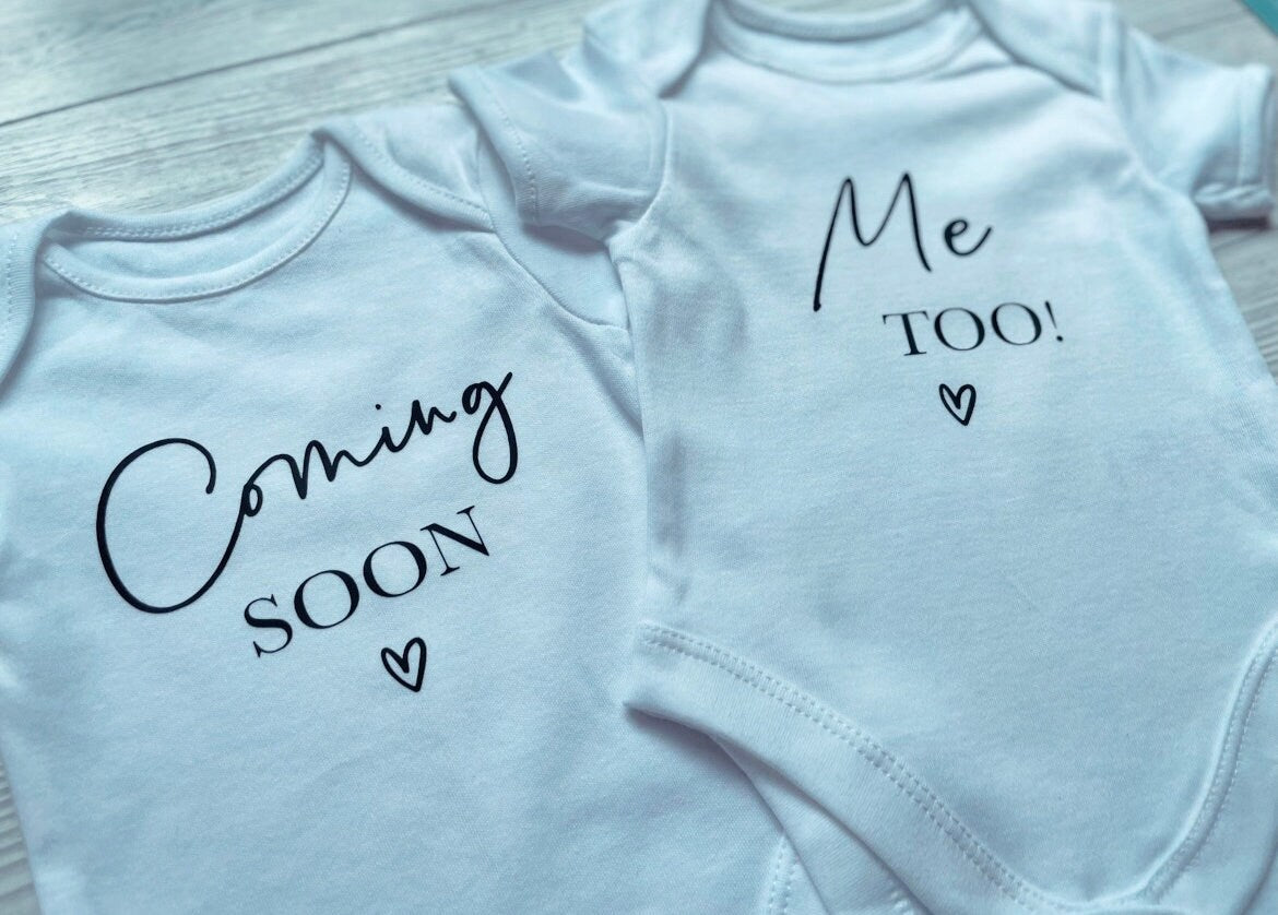 Coming soon, me too! - Twins Baby Vests, Unisex, Personalised Vests, Keepsake, Special, Baby Announcement