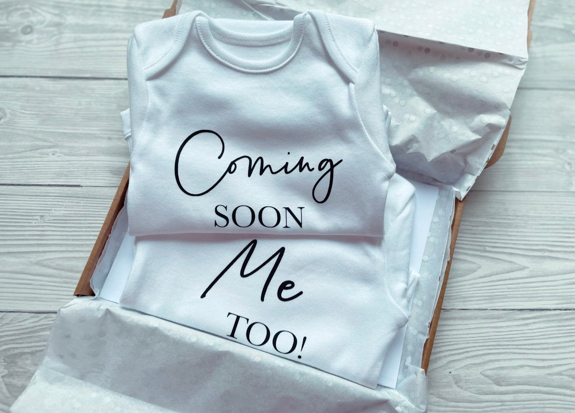 Coming soon, me too! - Twins Baby Vests, Unisex, Personalised Vests, Keepsake, Special, Baby Announcement