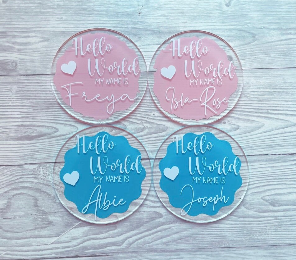 Hello World, my name is - Personalised New Baby Milestone Disc, Birth Arrival Announcement, Unisex, Welcome to the world, Special Keepsake