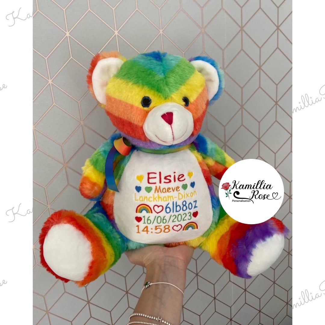 Personalised Embroidered Rainbow Bear - Soft Toy, New Baby, Special Keepsake, Gift, Rainbow Baby, Birth Stat Bear