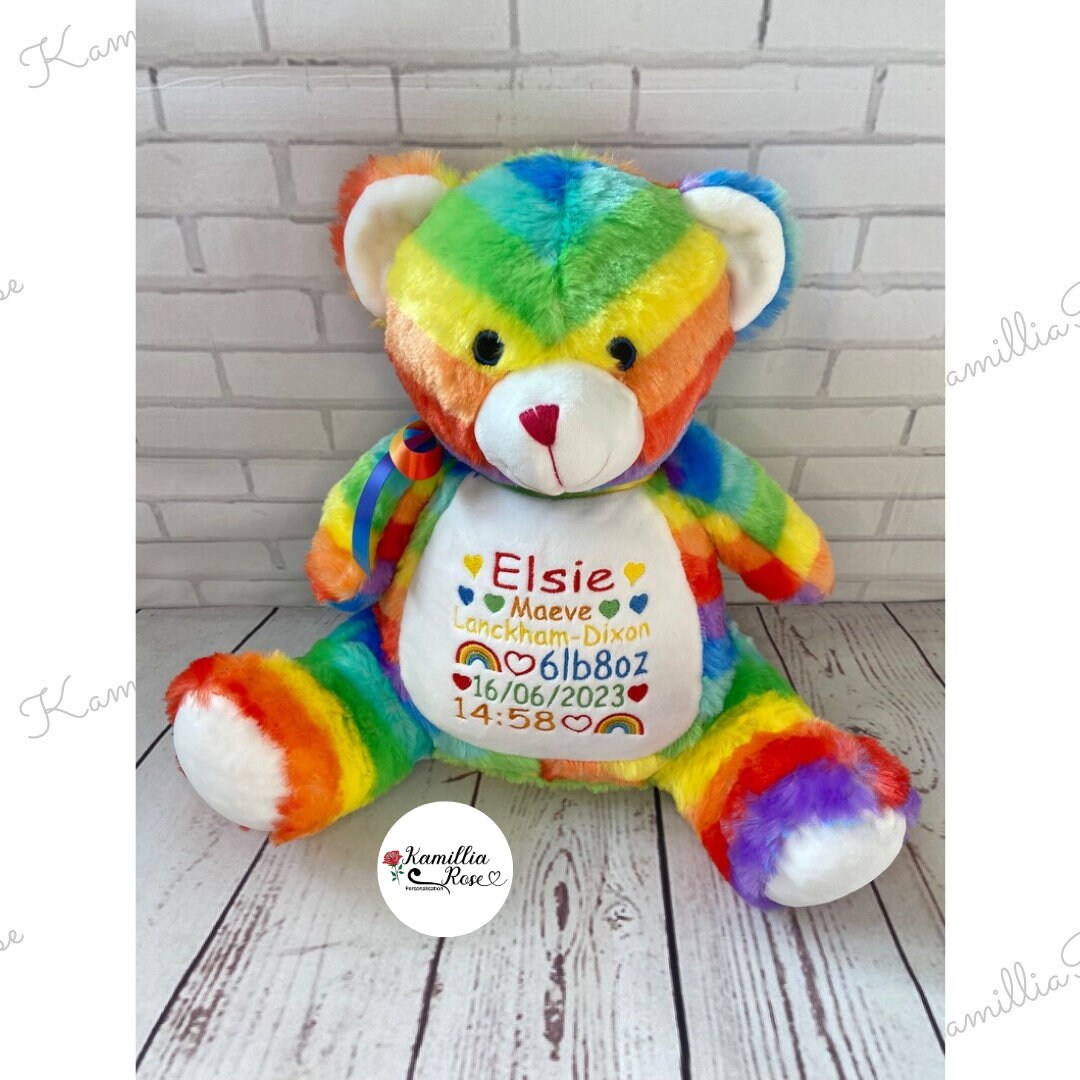 Personalised Embroidered Rainbow Bear - Soft Toy, New Baby, Special Keepsake, Gift, Rainbow Baby, Birth Stat Bear