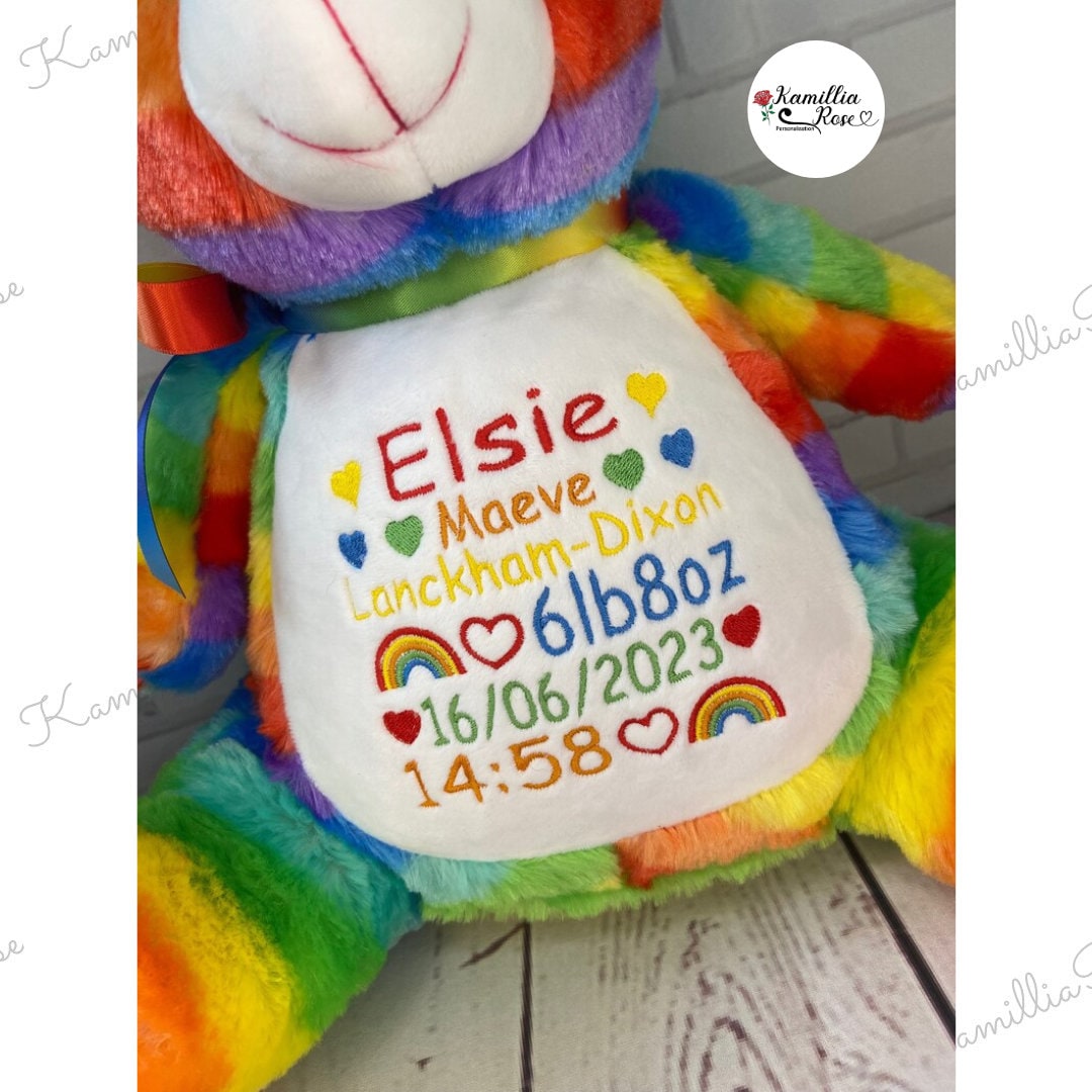 Personalised Embroidered Rainbow Bear - Soft Toy, New Baby, Special Keepsake, Gift, Rainbow Baby, Birth Stat Bear