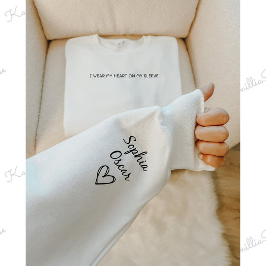 I wear my heart on my sleeve - Personalised Sweatshirt Jumper, Mummy, Mothers Day Gift, Children, Special Jumper, Family, Heart, Love