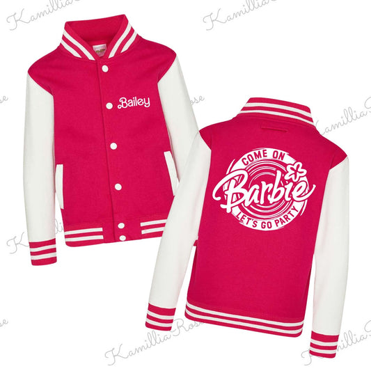 Personalised Barbie Doll Themed Varsity Jacket - Bright Pink, Children, Matching, Fashion, Popular, Birthday, Christmas, Gift, Fashion, Ken