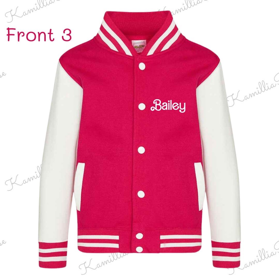 Personalised Barbie Doll Themed Varsity Jacket - Bright Pink, Children, Matching, Fashion, Popular, Birthday, Christmas, Gift, Fashion, Ken