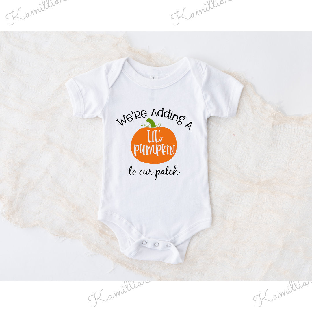 We’re adding a Little Pumpkin to our Patch - Personalised Baby Vest, Unisex, Keepsake, Halloween, Lil’ Pumpkin, Pregnancy Announcement