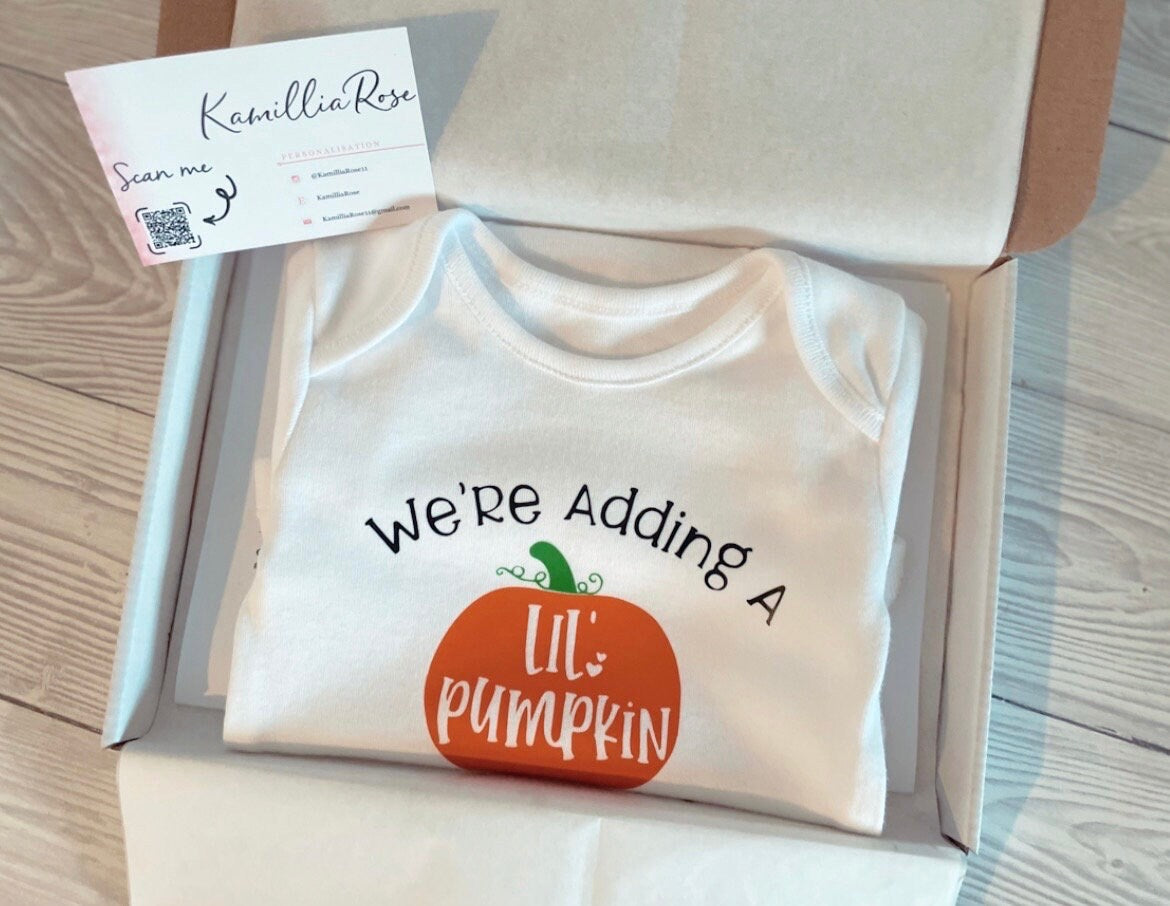 We’re adding a Little Pumpkin to our Patch - Personalised Baby Vest, Unisex, Keepsake, Halloween, Lil’ Pumpkin, Pregnancy Announcement