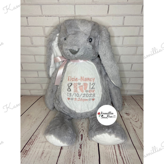 Personalised Embroidered Grey Rabbit - Soft Toy, New Baby, Special Keepsake, Gift, Rainbow Baby, Birth Stat Bear