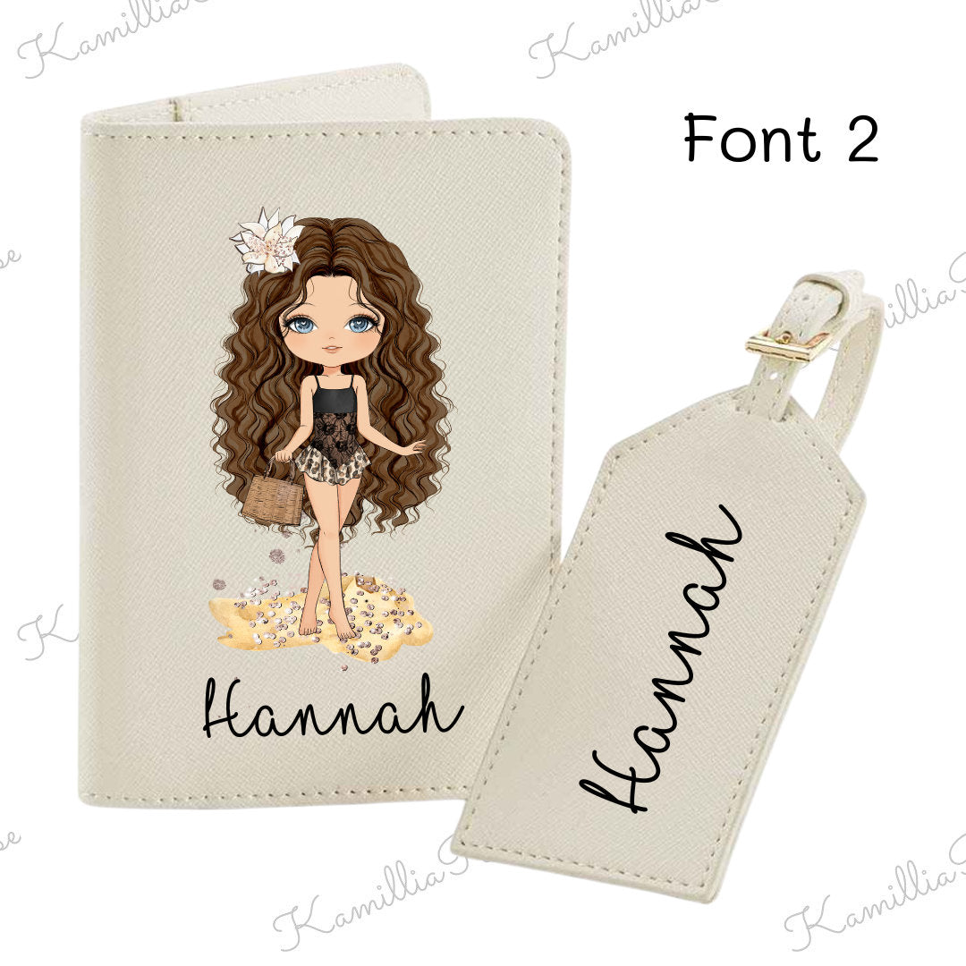 Beach Girl 2 - Personalised Passport Holder & Luggage Tag Travel Set, PU Leather Luggage, Passport Covers, Children, Holiday Gift