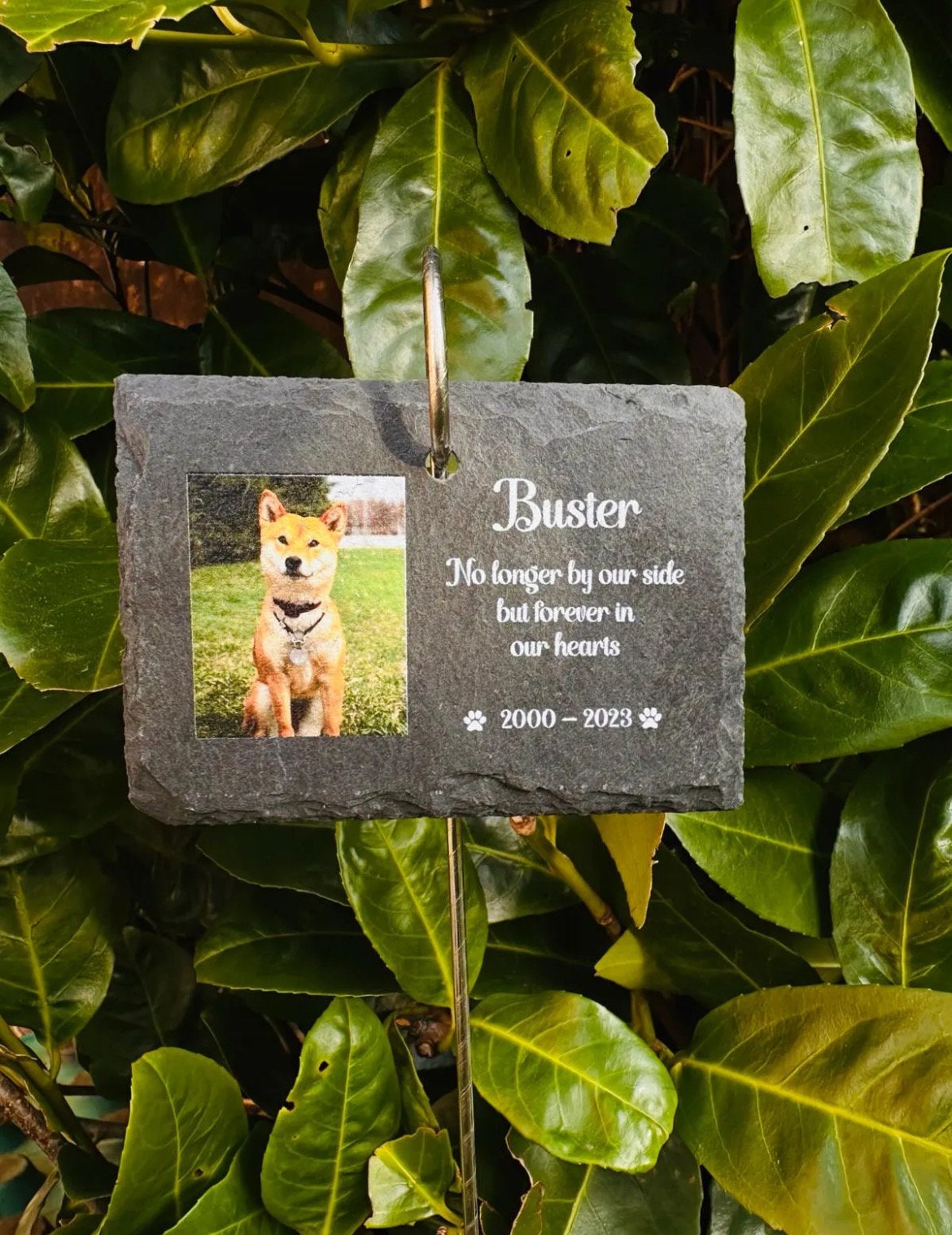 Personalised Pet Memorial “No longer by our side” - Garden Slate and Hook, Memorial Plaque, Bereavement Gift, Garden Memorial, Photo Sign