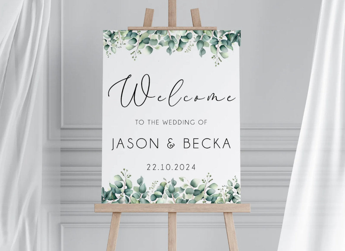 Personalised Eucalyptus Wedding Welcome Sign - Printed Wedding Sign, Wedding Day, Trending, Guests Welcome Sign