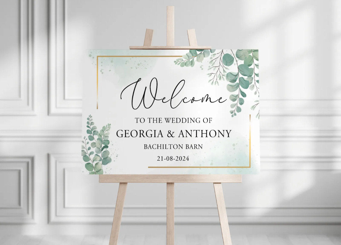 Personalised Eucalyptus with Gold Border Wedding Welcome Sign - Printed Wedding Sign, Wedding Day, Trending, Guests Welcome Sign