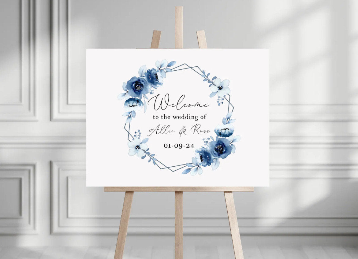 Personalised Blue & White Floral Frame Wedding Welcome Sign - Printed Wedding Sign, Wedding Day, Trending, Guests Welcome Sign