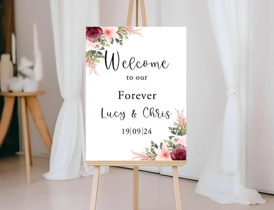 Personalised Burgundy & Peach Floral Frame Wedding Welcome Sign - Printed Wedding Sign, Wedding Day, Trending, Guests Welcome Sign