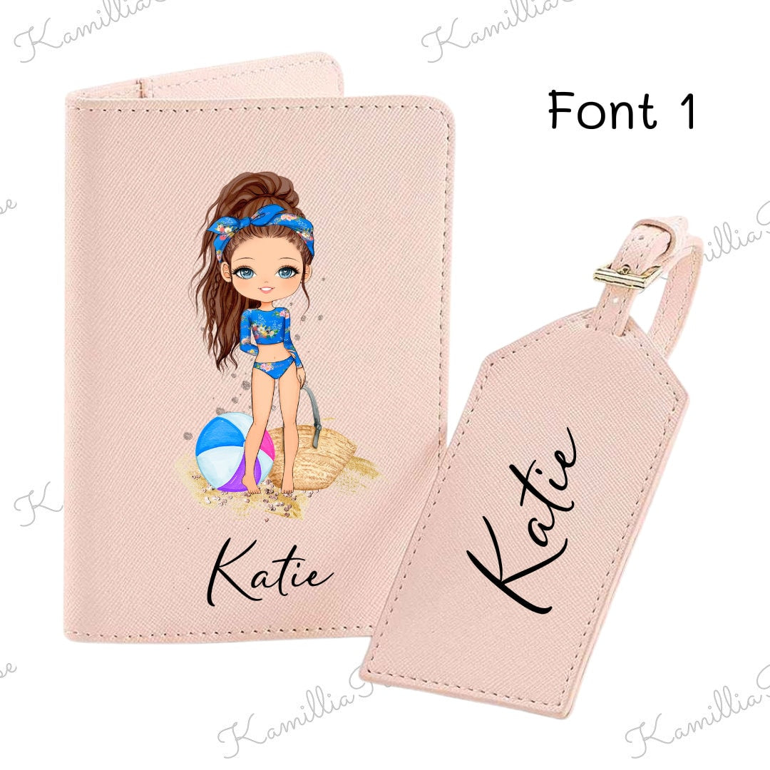 Beach Girl 1 - Personalised Passport Holder & Luggage Tag Travel Set, PU Leather Luggage, Passport Covers, Children, Holiday Gift