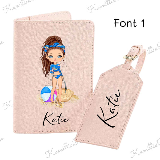 Beach Girl 1 - Personalised Passport Holder & Luggage Tag Travel Set, PU Leather Luggage, Passport Covers, Children, Holiday Gift