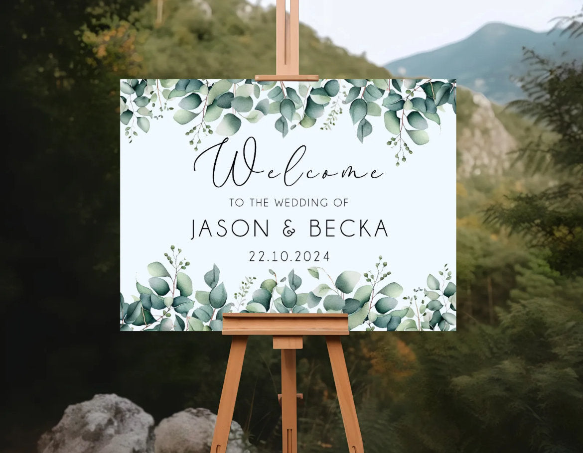 Personalised Eucalyptus Wedding Welcome Sign - Printed Wedding Sign, Wedding Day, Trending, Guests Welcome Sign