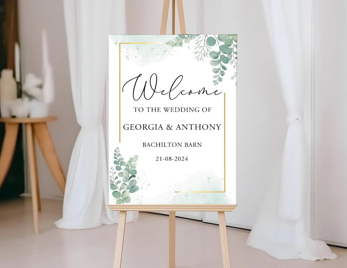 Personalised Eucalyptus with Gold Border Wedding Welcome Sign - Printed Wedding Sign, Wedding Day, Trending, Guests Welcome Sign