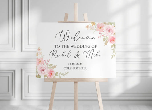 Personalised Light Pink Roses Wedding Welcome Sign - Printed Wedding Sign, Wedding Day, Trending, Guests Welcome Sign