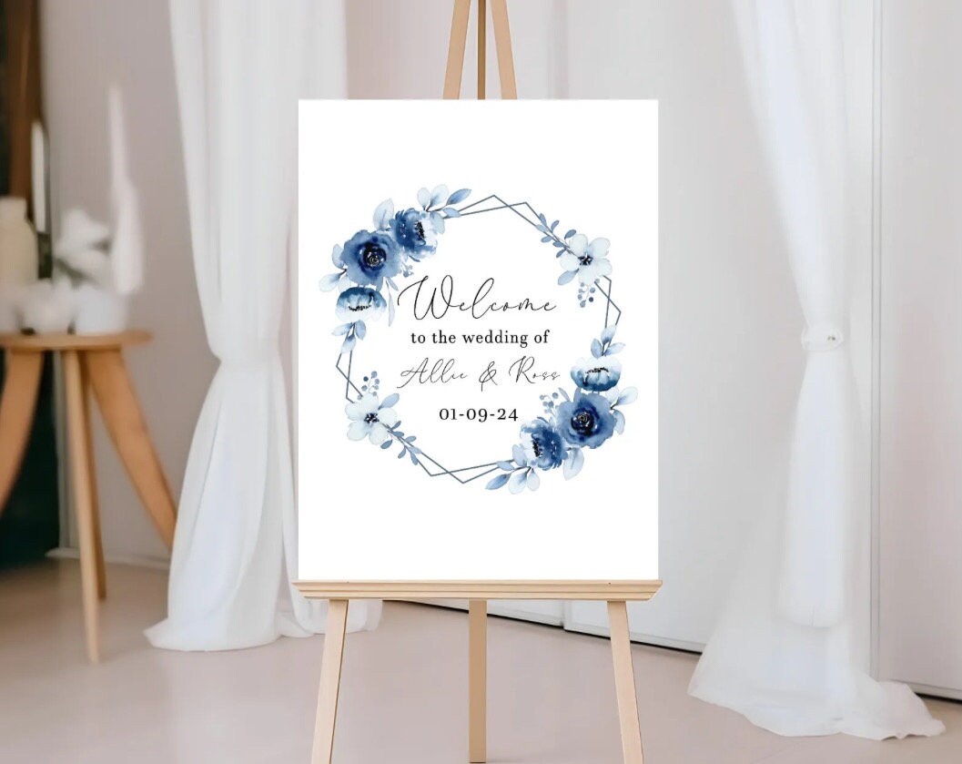 Personalised Blue & White Floral Frame Wedding Welcome Sign - Printed Wedding Sign, Wedding Day, Trending, Guests Welcome Sign