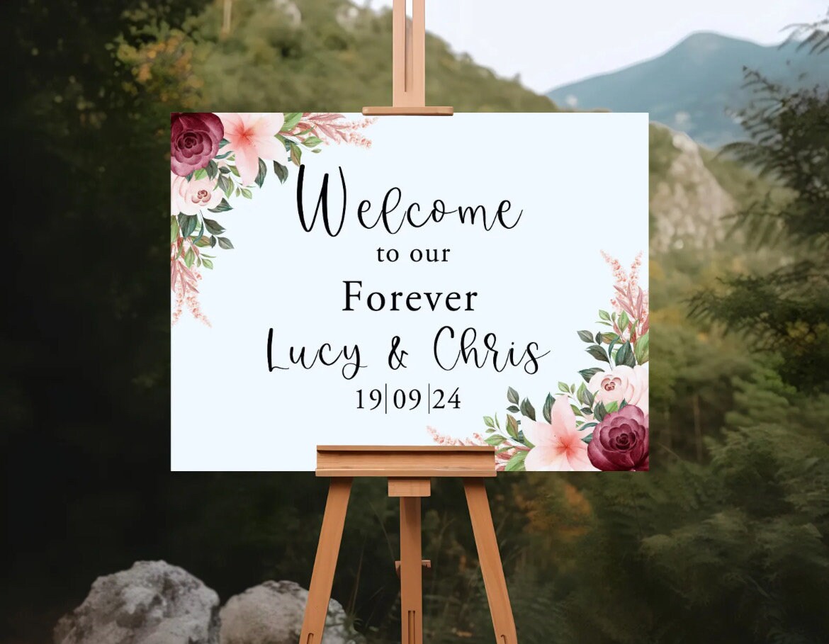 Personalised Burgundy & Peach Floral Frame Wedding Welcome Sign - Printed Wedding Sign, Wedding Day, Trending, Guests Welcome Sign